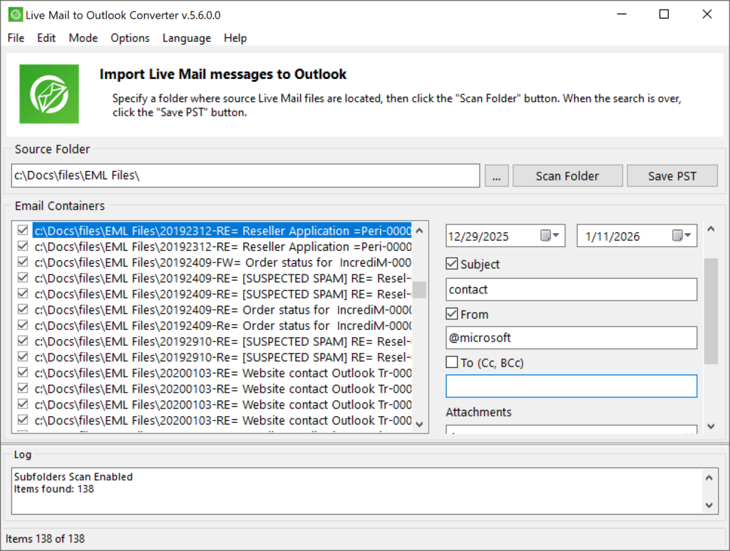 Filtrar mensagens por data, de, para e outros campos