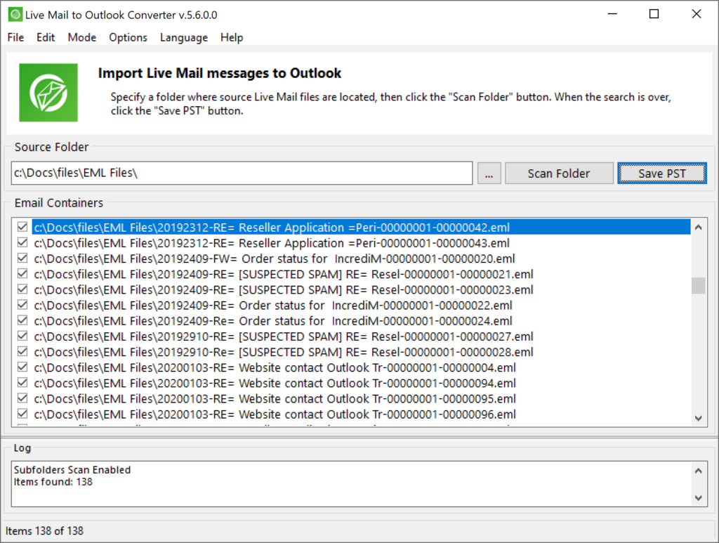Visualização de pastas e e-mails do Windows Live Mail detectados pelo conversor.