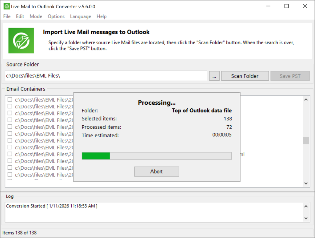 Live Mail to Outlook Converter mostrando o progresso da migração em tempo real.