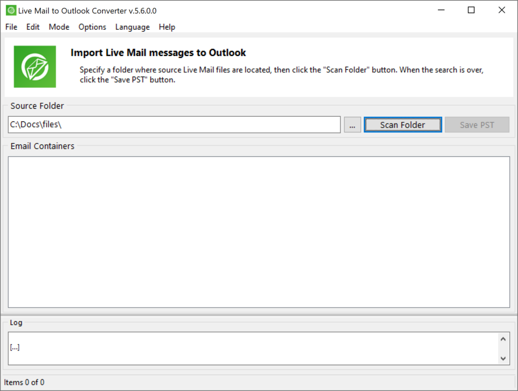 Painel principal do Live Mail to Outlook Converter mostrando a seleção de pastas e opções de verificação.