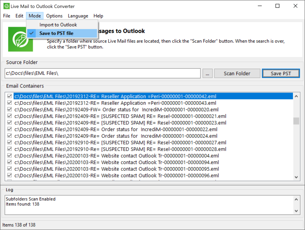 Escolhendo entre exportar para arquivo PST ou importar diretamente para o Outlook.